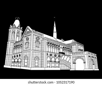 Black Outlines with white fill of Frere hall , Karachi , Pakistan in Black Background.