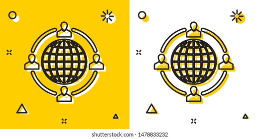Black Outsourcing concept icon isolated on yellow and white background. Cooperation sign. Idea of teamwork and investment. Random dynamic shapes. Vector Illustration