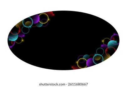 Black oval background with colorful neon circles. Horizontal cover for website design, social media advertising banner, flyer, invitation card. Vector.