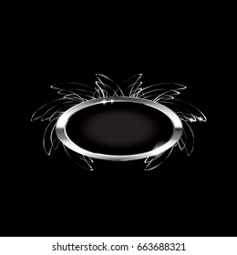 Black oval background with a silver ornate frame, with space for your text. Vector illustration.