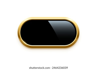 Black oval button with golden frame vector illustration. 3d glossy elegant design for empty label, emblem, medal or badge, shiny and gradient light effect on plate isolated on white background.