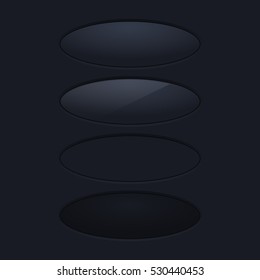 Black oval interface buttons. Blank app elements on dark background. Vector illustration