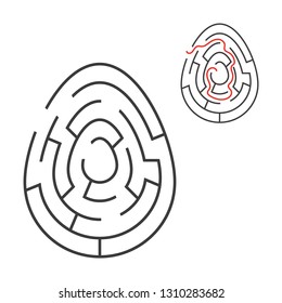Black oval labyrinth. Game for kids. Puzzle for children. Holiday, egg, Easter. Maze conundrum. Flat vector illustration isolated on white background. With answer