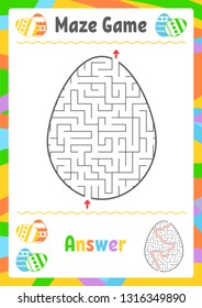 Black oval labyrinth. Kids worksheets. Activity page. Game puzzle for children. Egg, holiday, Easter. Maze conundrum. Vector illustration. With answer