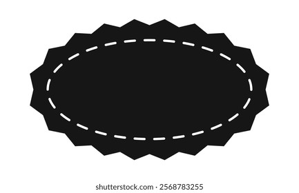 Black oval shape with zigzag borders and stitch line. Empty price, discount, sale offer, coupon, promo code tag. Speech bubble, message or text box template. Vector graphic illustration.