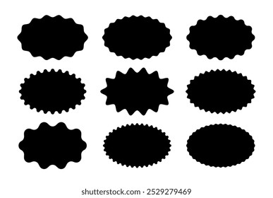 Formas ovais pretas com bordas onduladas em um plano de fundo branco. Etiquetas, etiquetas, selos, bolachas, cupons. Ilustração plana vetorial.