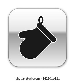 Black Oven glove icon isolated on white background. Kitchen potholder sign. Cooking glove. Silver square button. Vector Illustration