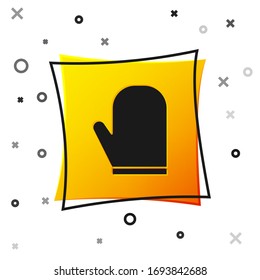 Black Oven glove icon isolated on white background. Kitchen potholder sign. Cooking glove. Yellow square button. Vector Illustration