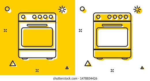 Black Oven icon isolated on yellow and white background. Stove gas oven sign. Random dynamic shapes. Vector Illustration