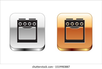 Black Oven icon isolated on white background. Stove gas oven sign. Silver-gold square button. Vector Illustration