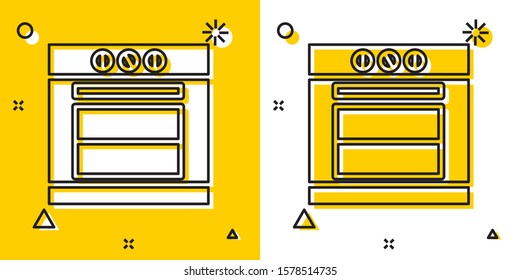 Black Oven icon isolated on yellow and white background. Stove gas oven sign. Random dynamic shapes. Vector Illustration