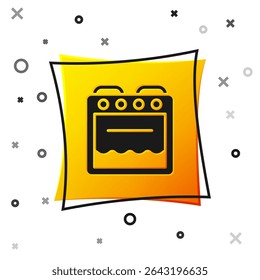 Ícone de forno preto isolado em fundo branco. Sinal de fogão a gás. Botão quadrado amarelo. Vetor