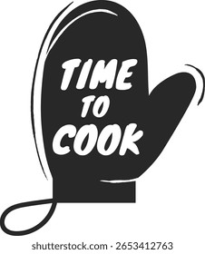 Luva de forno preto com tempo para cozinhar escrevendo convidativo para começar a cozinhar, perfeito para representar cozinha, cozinha, receitas, chefs e preparação de alimentos