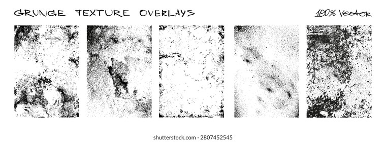 Black Overlay texture borders. Monochrome grunge frames with distressed, cracks, noise, rough paint scratches and concrete wall effects for background. Overlay stamps frames. Vector grainy borders