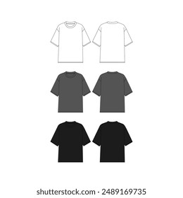 Black Oversized T-Shirt Mockup Template Streetwear Oversized T-Shirt Vector Flat Technical Illustration Oversized T-Shirt Fashion Design Template Vector CAD Oversized T-Shirt Mock-up
