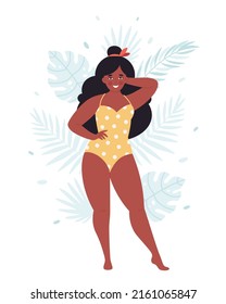 Black Overweight Woman In Retro Swimsuit On Tropical Leaves Background. Hello Summer. Body Positive, Beauty Diversity Concept. Hand Drawn Vector Illustration