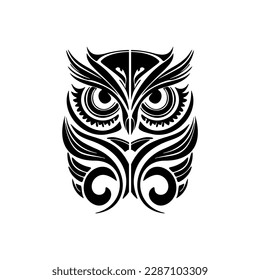 A black owl adorned with Polynesian designs in white ink.