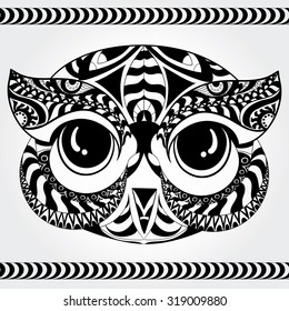 Black owl bird head for mascot or tattoo design, owl in an ornament. Anti Stress Coloring Book. Logo and emblem.