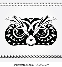 Black owl bird head for mascot or tattoo design, owl in an ornament. Anti Stress Coloring Book. Logo and emblem.