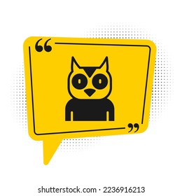 Black Owl bird icon isolated on white background. Animal symbol. Yellow speech bubble symbol. Vector