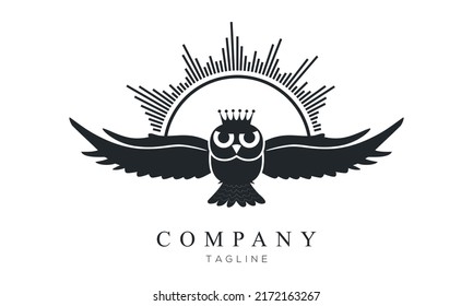 Black owl with the crown vector logo, creative king owl icon on white background