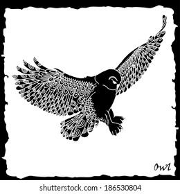 Black owl illustration on white background with black frame