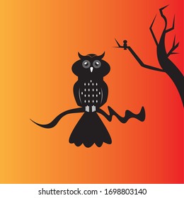 black owl illustration, tree, night. design vector