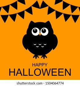 Black owl and inscription Happy Halloween. Greeting card. Vector