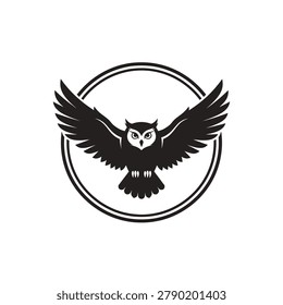 Black owl logo with wings spread in a circular design