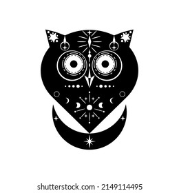 Black owl mystic witch magic with moon phases and stars boho tattoo icon vector design.