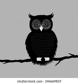 Black owl on branch