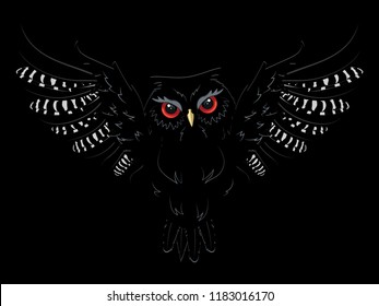 Black owl silhouette with spreaded wings attacking from the night.