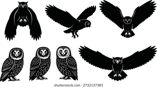 Black owl silhouettes set showing flying and perched nocturnal birds, wildlife symbols, mystical forest animal vector illustrations isolated