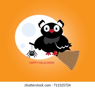 Black owl witch flying on a broom with spider on Halloween