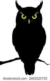 A black owl with yellow eyes