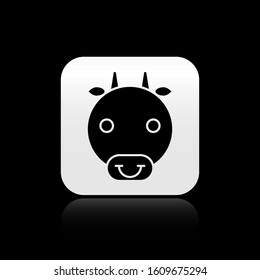 Black Ox zodiac sign icon isolated on black background. Astrological horoscope collection. Silver square button. Vector Illustration