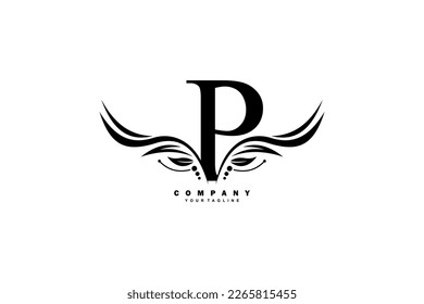 Black P letter logo design with wing shaped feather ornament. monogram emblem, typography logo. initial letter.suitable for logos of business, boutique, company, fashion, hotel, etc