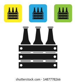 Black Pack of beer bottles icon isolated on white background. Wooden box and beer bottles. Case crate beer box sign. Set icons colorful square buttons. Vector Illustration