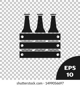 Black Pack of beer bottles icon isolated on transparent background. Wooden box and beer bottles. Case crate beer box sign.  Vector Illustration