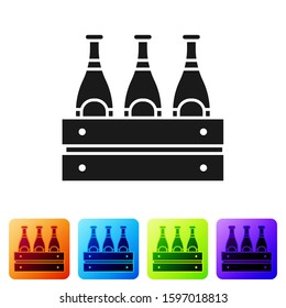 Black Pack of beer bottles icon isolated on white background. Wooden box and beer bottles. Case crate beer box sign. Set icons in color square buttons. Vector Illustration
