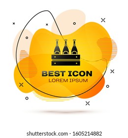 Black Pack of beer bottles icon isolated on white background. Wooden box and beer bottles. Case crate beer box sign. Abstract banner with liquid shapes. Vector Illustration