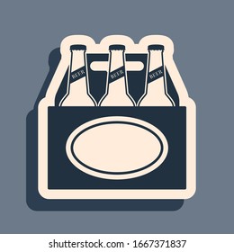 Black Pack of beer bottles icon isolated on grey background. Case crate beer box sign. Long shadow style. Vector Illustration