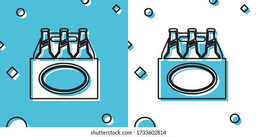 Black Pack of beer bottles icon isolated on blue and white background. Case crate beer box sign. Random dynamic shapes. Vector Illustration