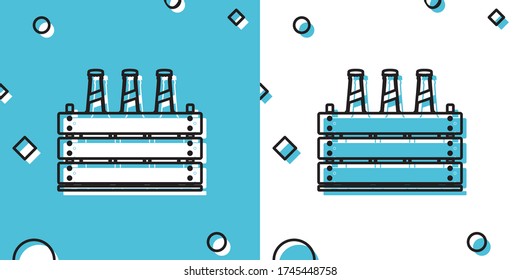 Black Pack of beer bottles icon isolated on blue and white background. Wooden box and beer bottles. Case crate beer box sign. Random dynamic shapes. Vector Illustration