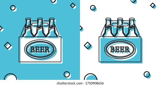 Black Pack of beer bottles icon isolated on blue and white background. Case crate beer box sign. Random dynamic shapes. Vector Illustration