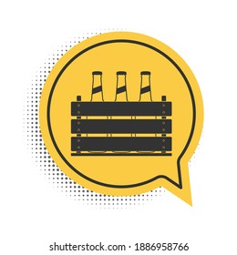 Black Pack of beer bottles icon isolated on white background. Wooden box and beer bottles. Case crate beer box sign. Yellow speech bubble symbol. Vector.