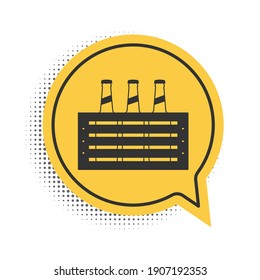 Black Pack of beer bottles icon isolated on white background. Wooden box and beer bottles. Case crate beer box sign. Yellow speech bubble symbol. Vector.