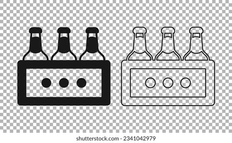 Black Pack of beer bottles icon isolated on transparent background. Wooden box and beer bottles. Case crate beer box sign.  Vector