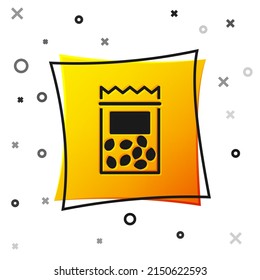 Black Pack full of seeds of a specific plant icon isolated on white background. Yellow square button. Vector