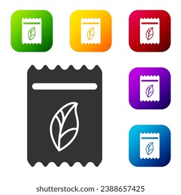 Black Pack full of seeds of a specific plant icon isolated on white background. Set icons in color square buttons. Vector Illustration